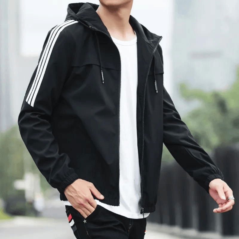 Men's three-stripe hooded windbreaker jacket