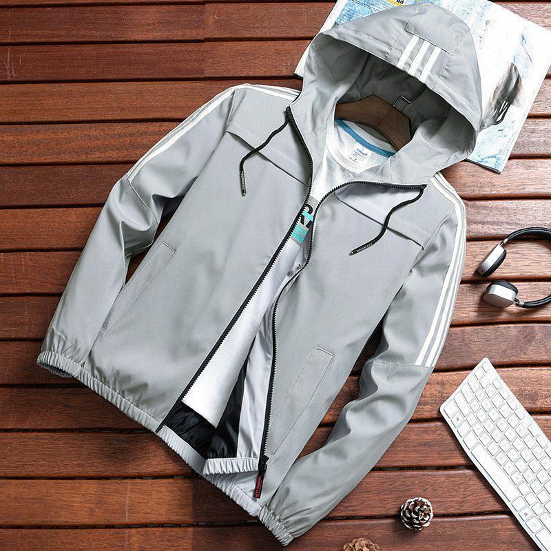 Men's three-stripe hooded windbreaker jacket