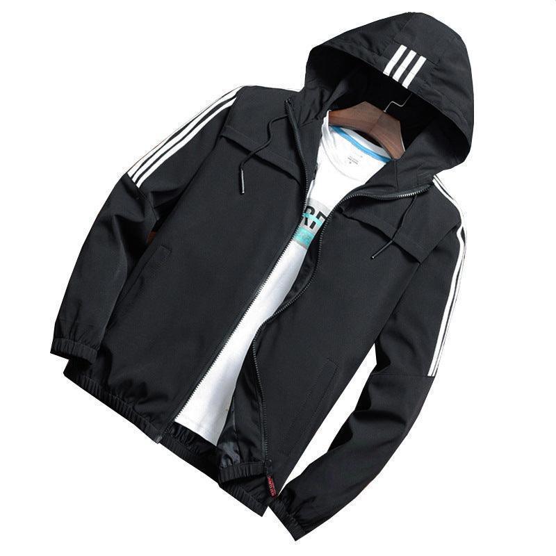 Men's three-stripe hooded windbreaker jacket