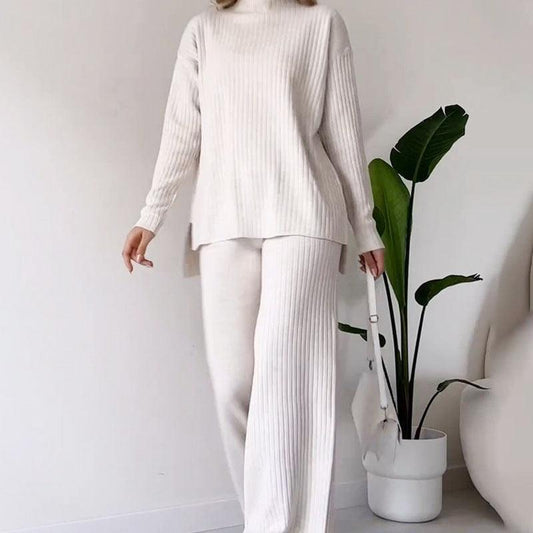 Turtleneck Knitted Suit Loose Design Long Sleeved Top And Straight Trousers - Glooosy Store