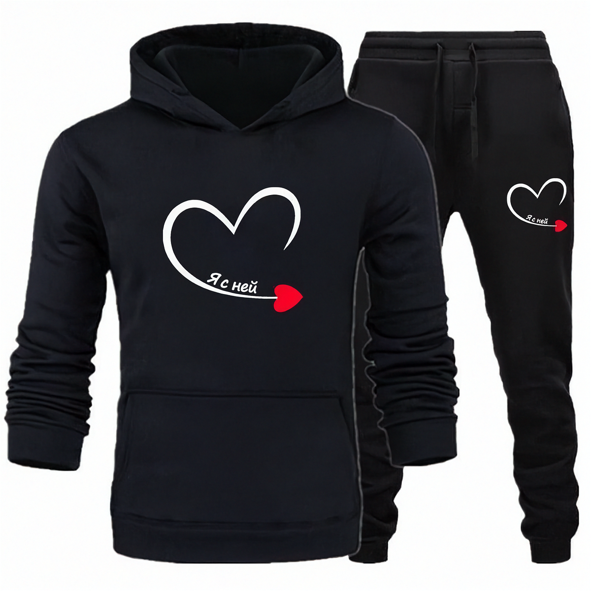 Couple Heart Printed Matching Hoodies – Men's & Women's Romantic Hoodie Set