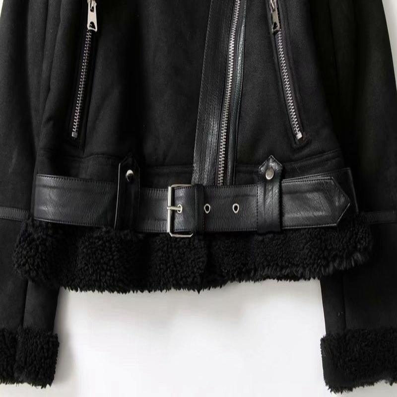 WInter Lapel Jacket Suede Lamb Wool Warm Coat - Glooosy Store