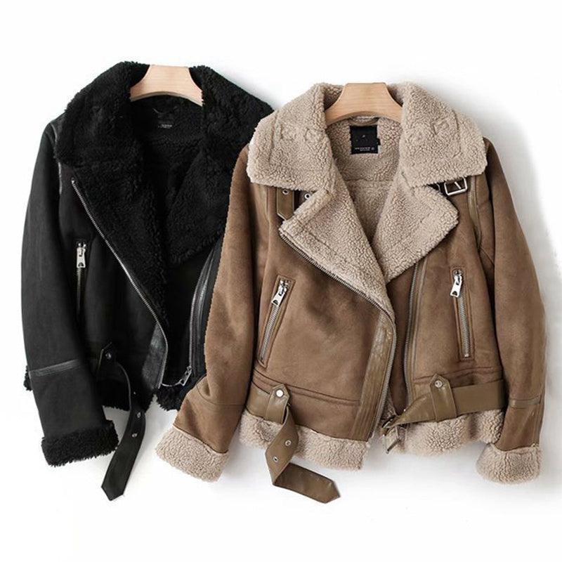WInter Lapel Jacket Suede Lamb Wool Warm Coat - Glooosy Store