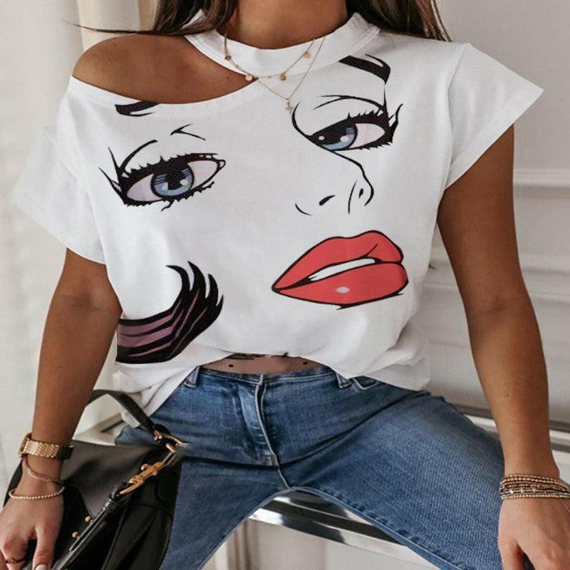 Women Face Lips Printed T-Shirt - Glooosy Store