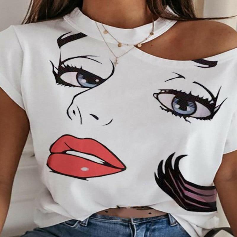 Women Face Lips Printed T-Shirt - Glooosy Store