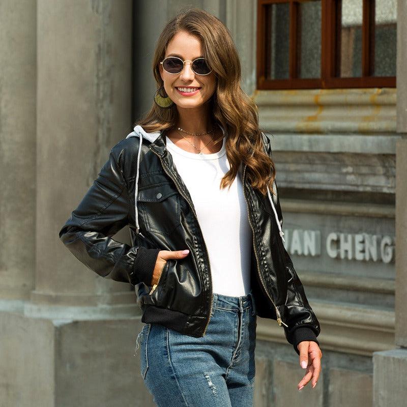 Women Faux Leather Hoodie Jacket - Glooosy Store