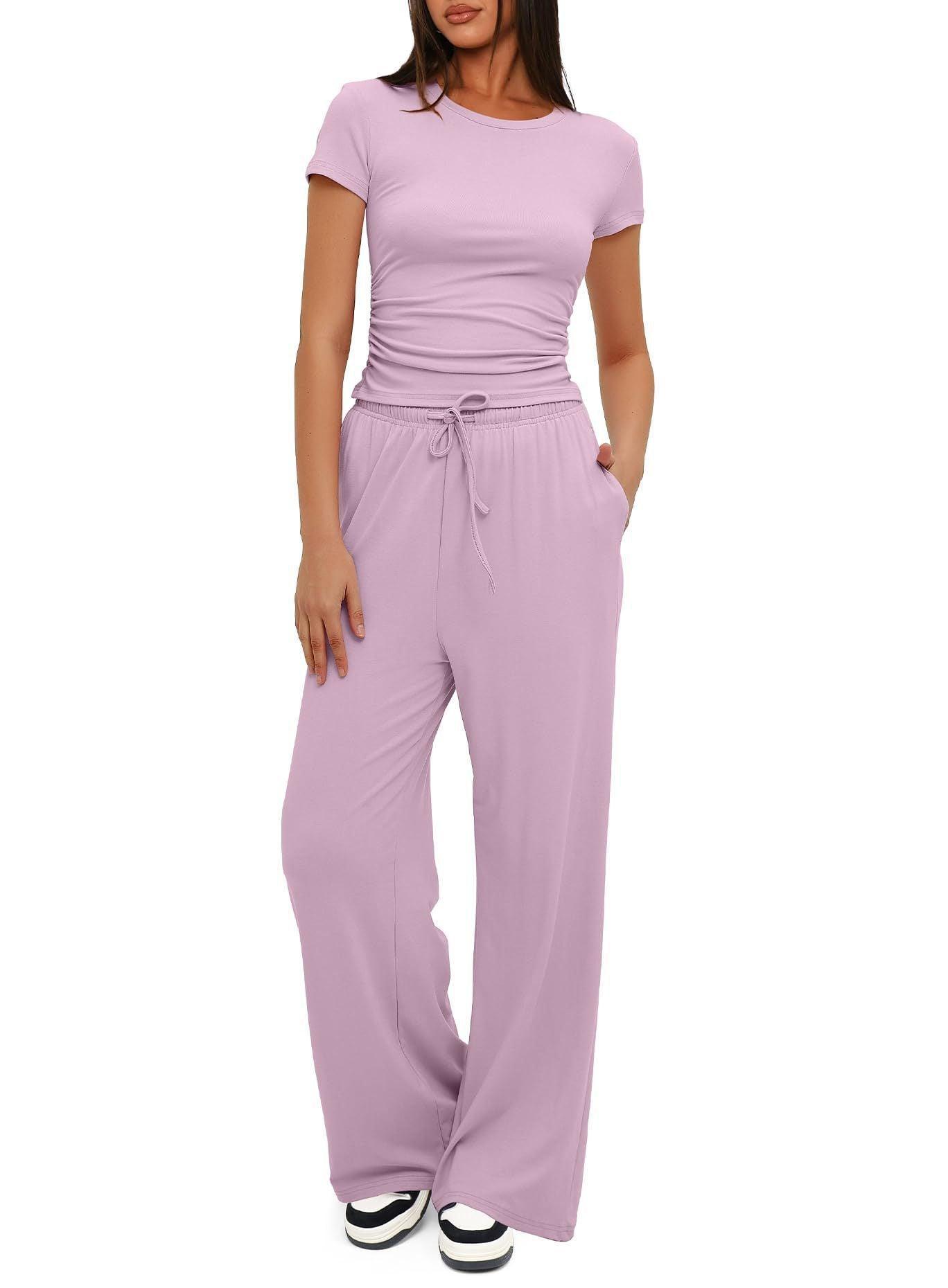 Women's 2 Pieces Outfits Lounge Sets Ruched Short Sleeve Tops and High Waisted Wide Leg Pants Tracksuit Sets - Glooosy Store