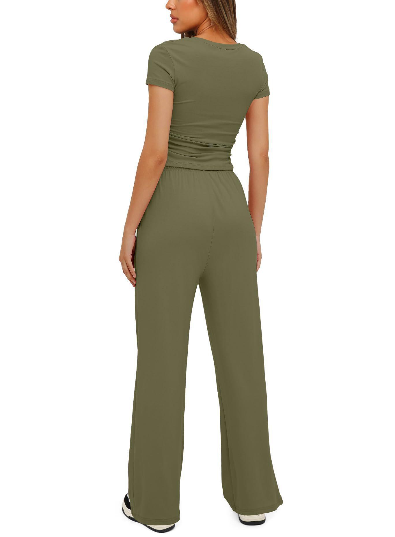 Women's 2 Pieces Outfits Lounge Sets Ruched Short Sleeve Tops and High Waisted Wide Leg Pants Tracksuit Sets - Glooosy Store