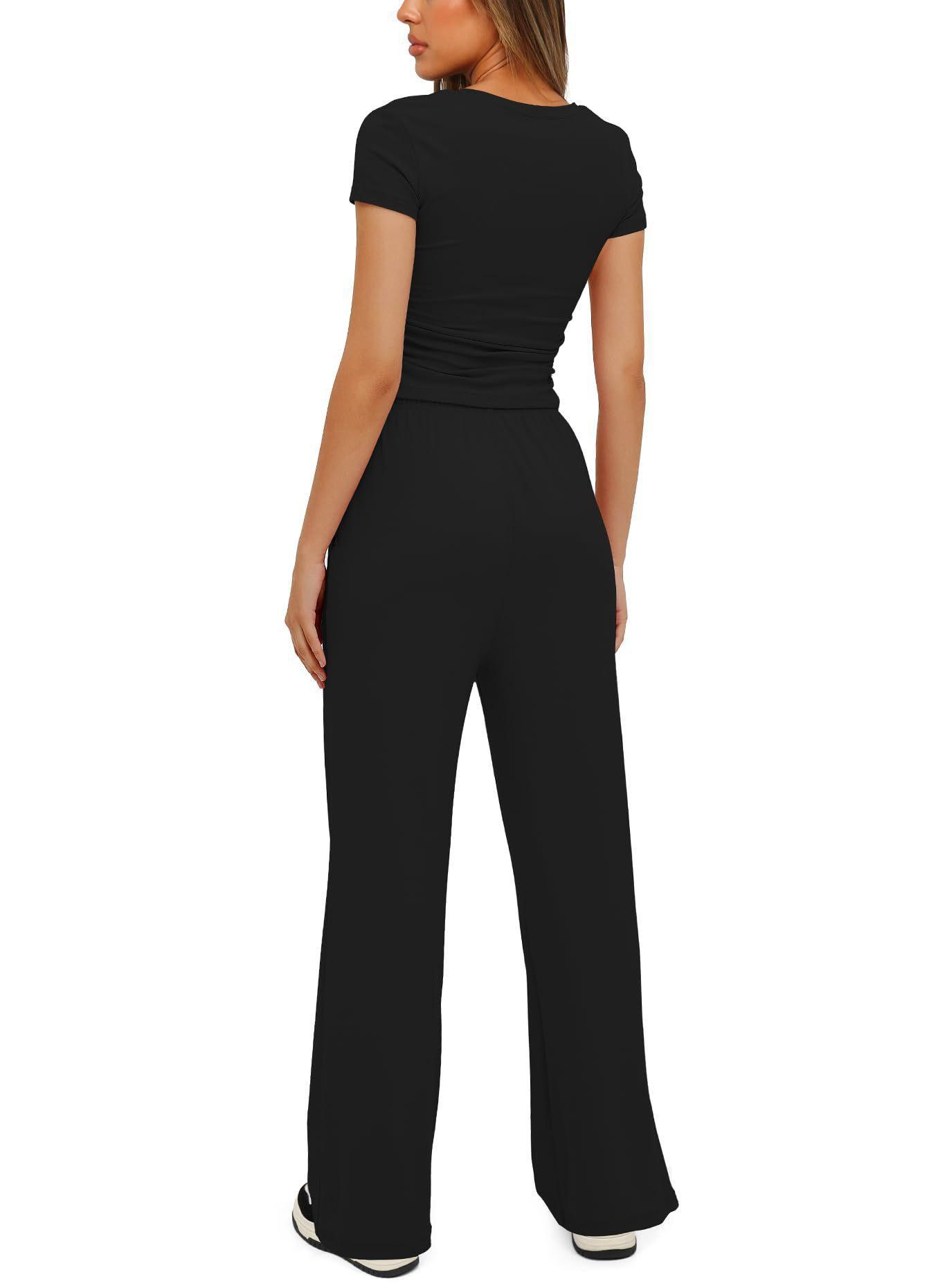Women's 2 Pieces Outfits Lounge Sets Ruched Short Sleeve Tops and High Waisted Wide Leg Pants Tracksuit Sets - Glooosy Store