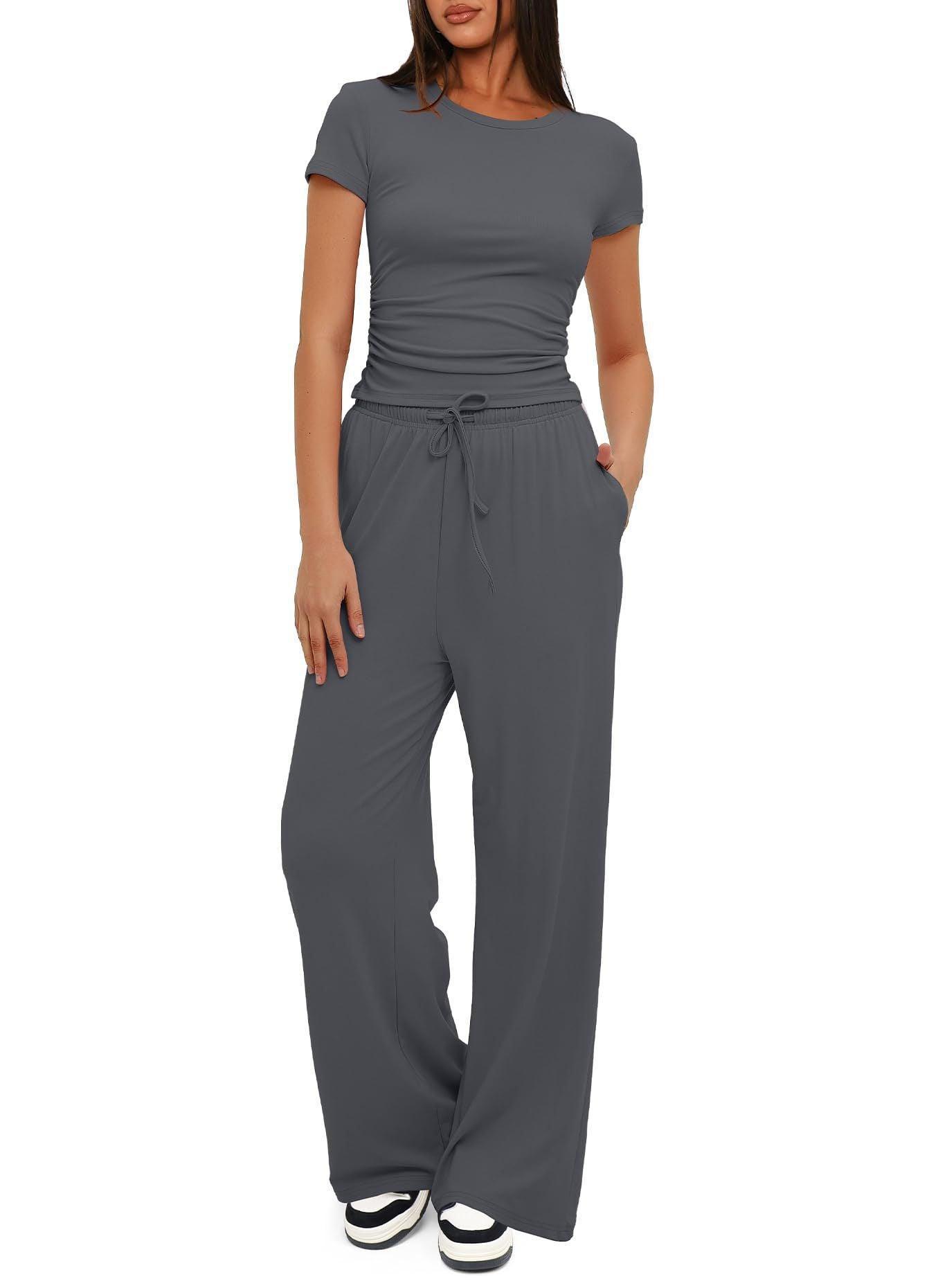 Women's 2 Pieces Outfits Lounge Sets Ruched Short Sleeve Tops and High Waisted Wide Leg Pants Tracksuit Sets - Glooosy Store