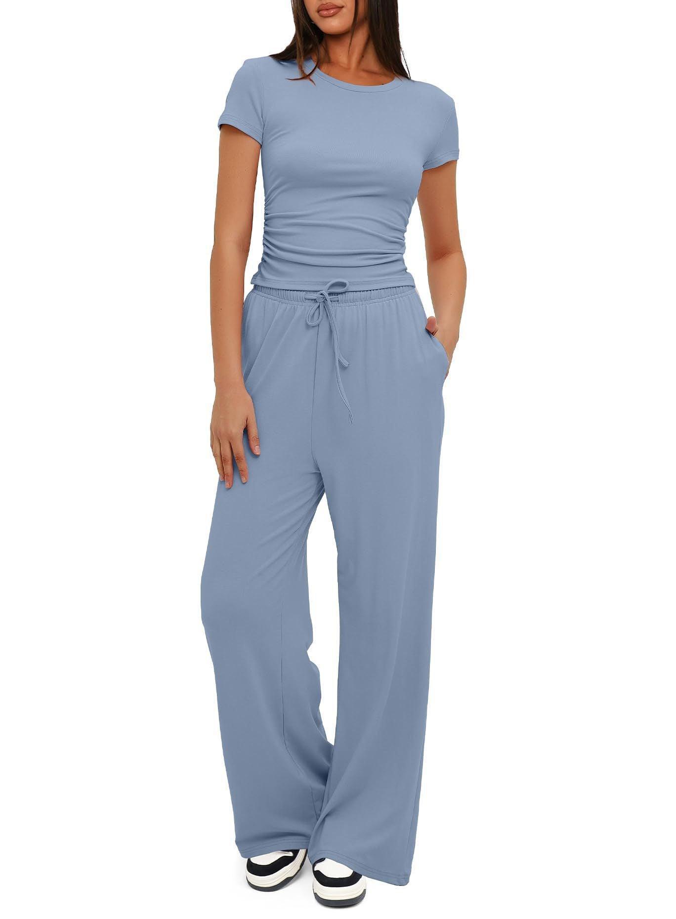 Women's 2 Pieces Outfits Lounge Sets Ruched Short Sleeve Tops and High Waisted Wide Leg Pants Tracksuit Sets - Glooosy Store