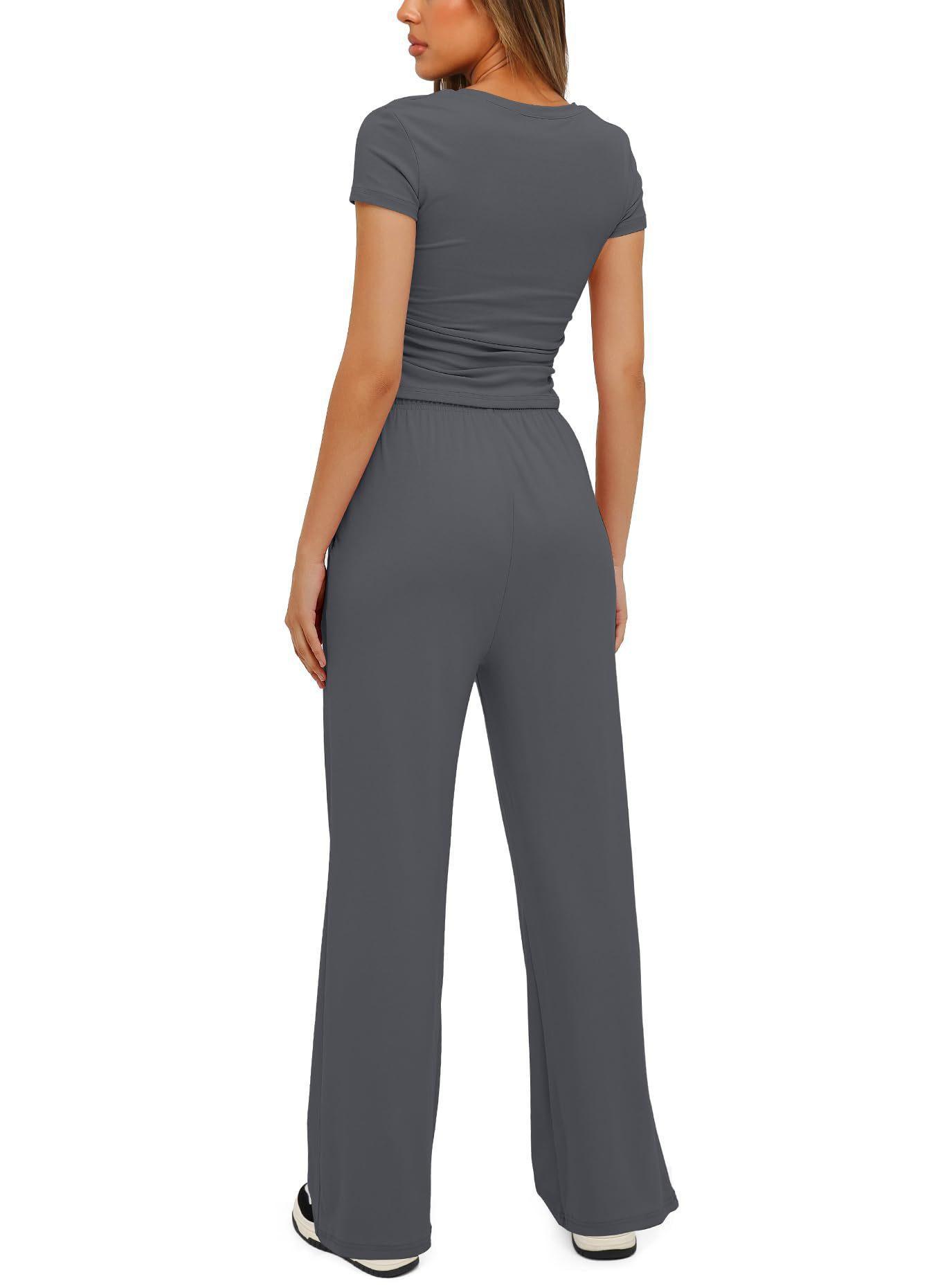 Women's 2 Pieces Outfits Lounge Sets Ruched Short Sleeve Tops and High Waisted Wide Leg Pants Tracksuit Sets - Glooosy Store
