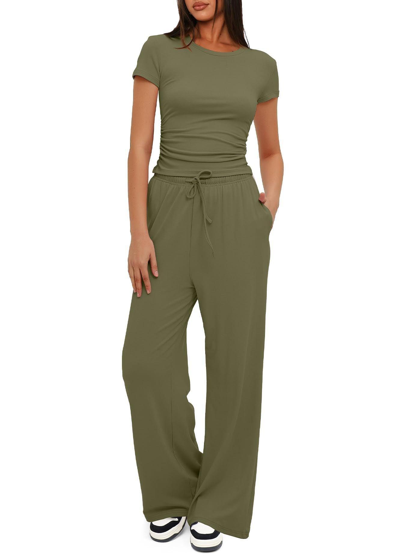 Women's 2 Pieces Outfits Lounge Sets Ruched Short Sleeve Tops and High Waisted Wide Leg Pants Tracksuit Sets - Glooosy Store