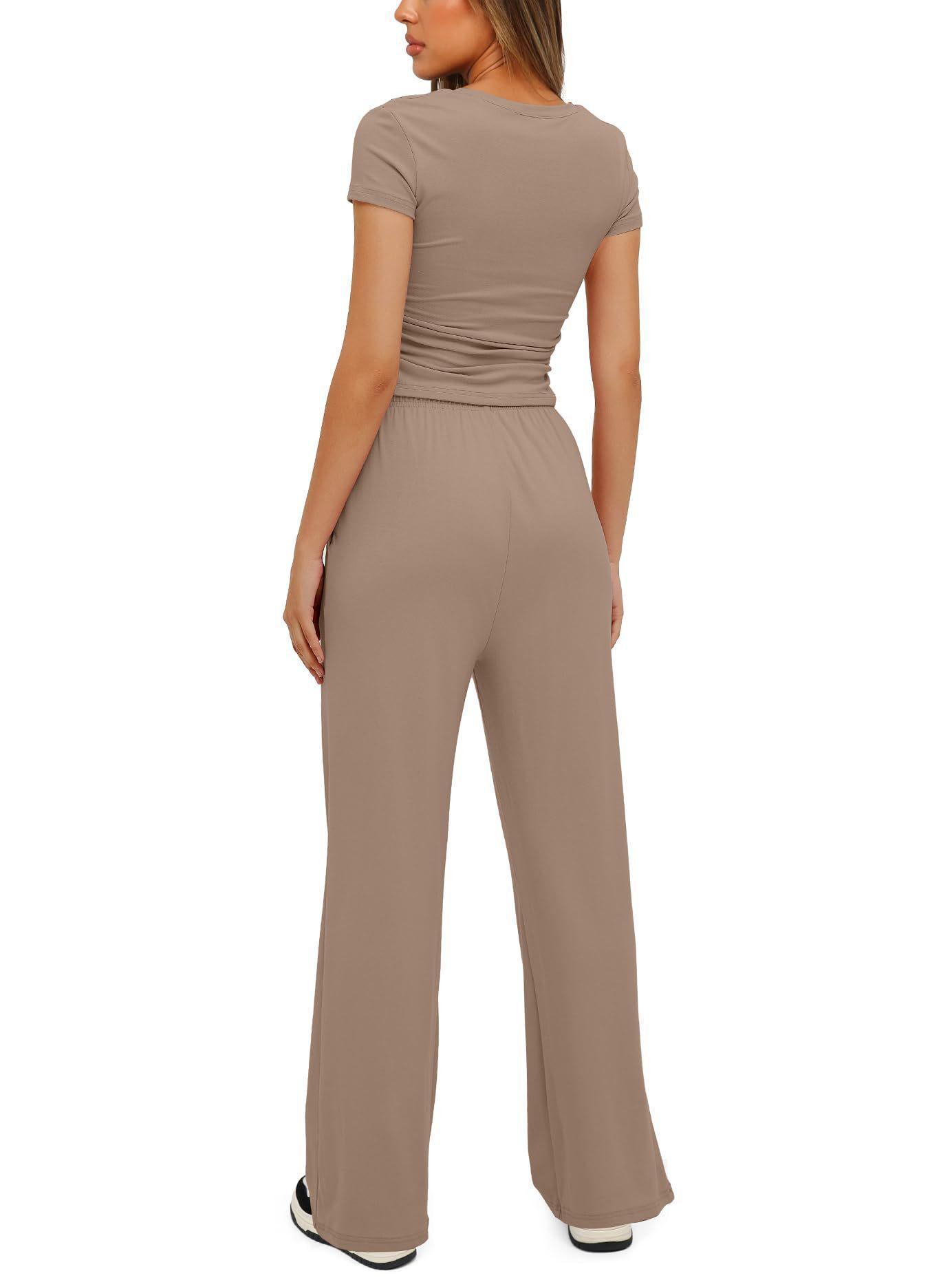 Women's 2 Pieces Outfits Lounge Sets Ruched Short Sleeve Tops and High Waisted Wide Leg Pants Tracksuit Sets - Glooosy Store