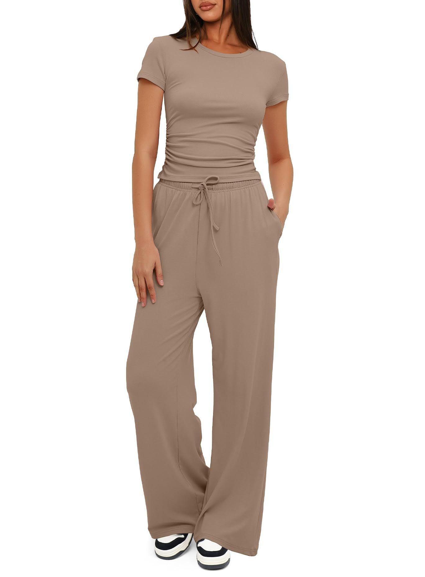 Women's 2 Pieces Outfits Lounge Sets Ruched Short Sleeve Tops and High Waisted Wide Leg Pants Tracksuit Sets - Glooosy Store