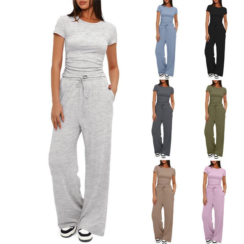 Women's 2 Pieces Outfits Lounge Sets Ruched Short Sleeve Tops and High Waisted Wide Leg Pants Tracksuit Sets - Glooosy Store
