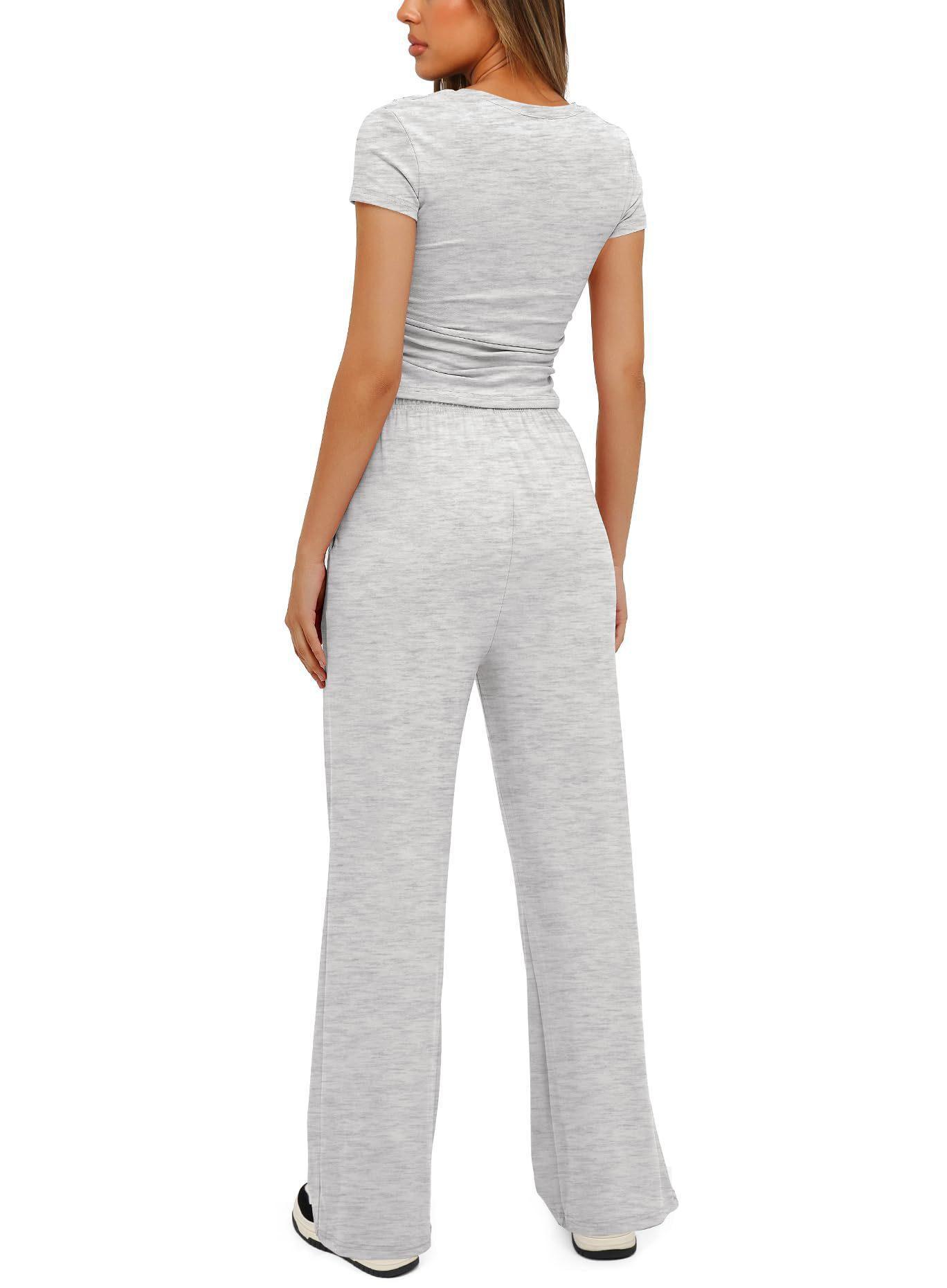 Women's 2 Pieces Outfits Lounge Sets Ruched Short Sleeve Tops and High Waisted Wide Leg Pants Tracksuit Sets - Glooosy Store