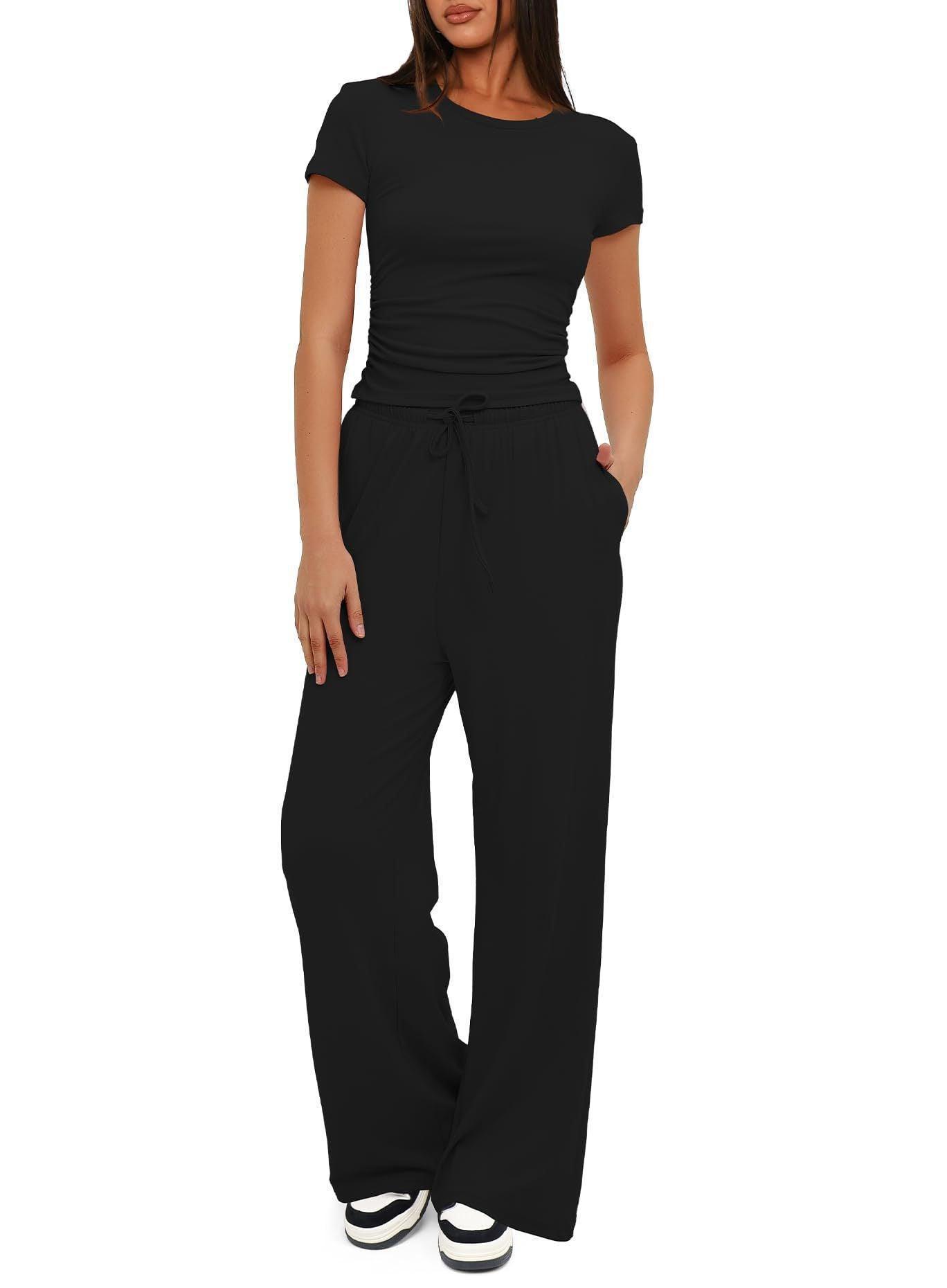 Women's 2 Pieces Outfits Lounge Sets Ruched Short Sleeve Tops and High Waisted Wide Leg Pants Tracksuit Sets - Glooosy Store