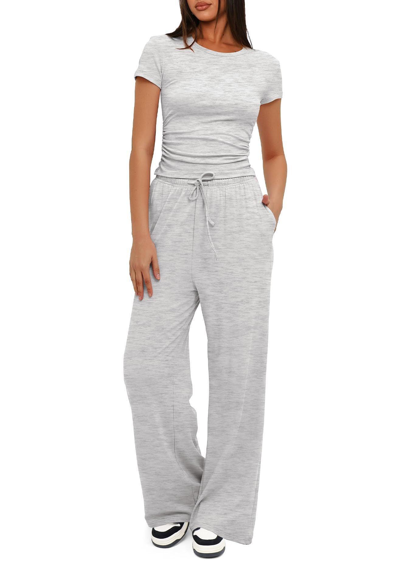 Women's 2 Pieces Outfits Lounge Sets Ruched Short Sleeve Tops and High Waisted Wide Leg Pants Tracksuit Sets - Glooosy Store