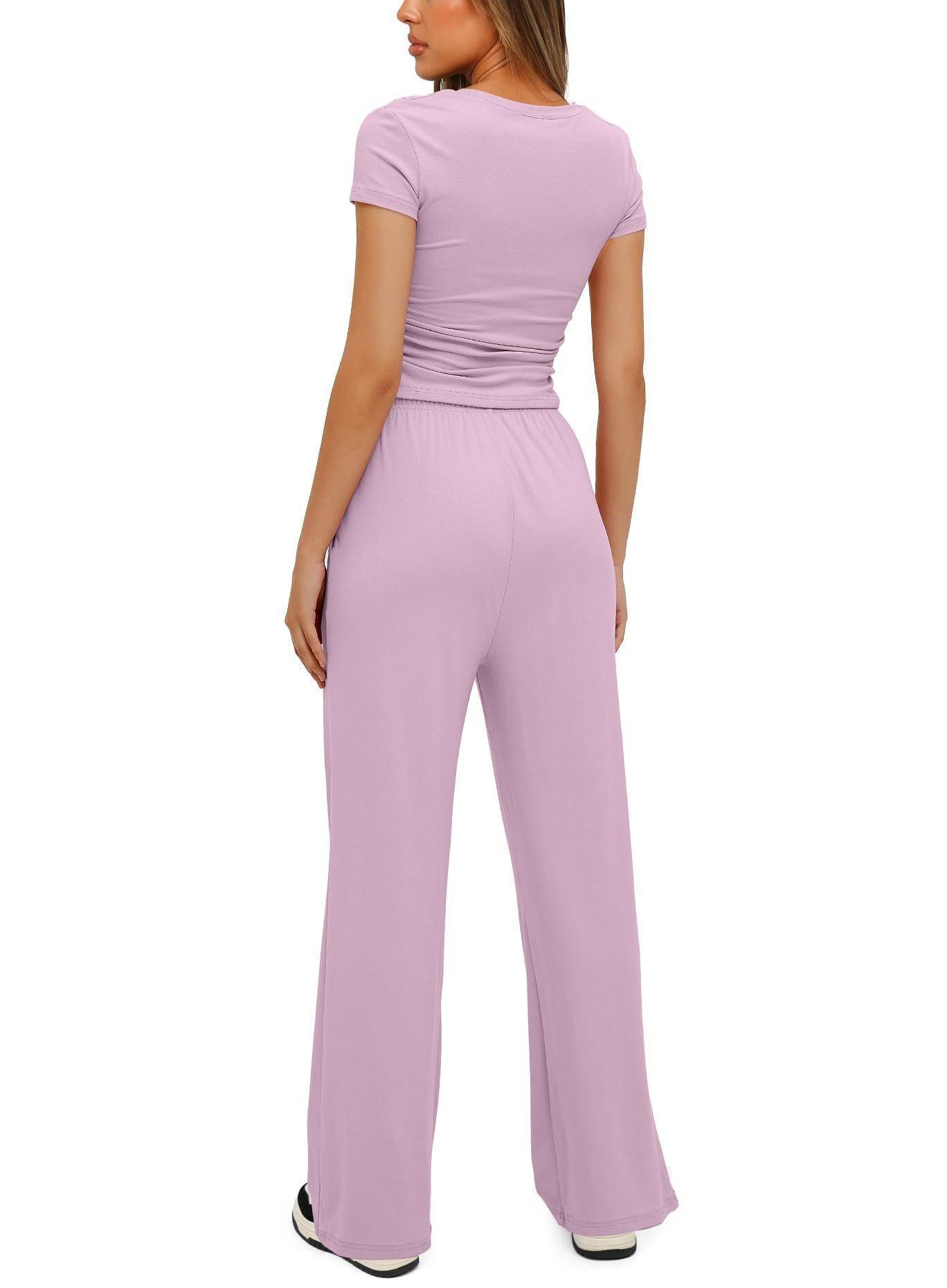 Women's 2 Pieces Outfits Lounge Sets Ruched Short Sleeve Tops and High Waisted Wide Leg Pants Tracksuit Sets - Glooosy Store