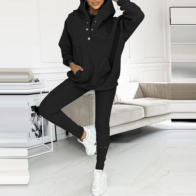 Women's Sports Suit Loose Hooded Pockets Sweatshirt, Top And Slim Trousers - Glooosy Store