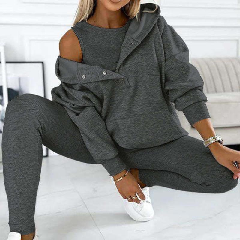 Women's Sports Suit Loose Hooded Pockets Sweatshirt, Top And Slim Trousers - Glooosy Store