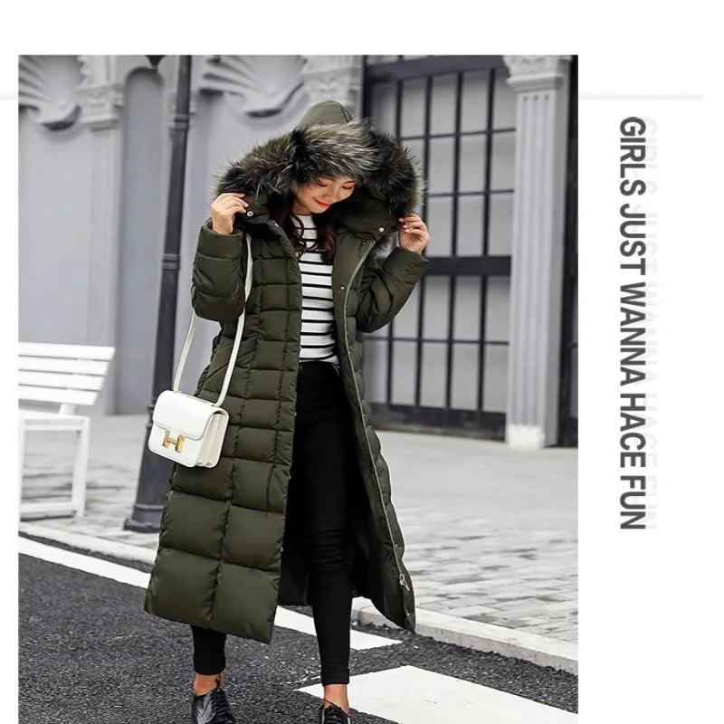 Women Winter Long Jacket Fur Collar Down Padded - Glooosy Store