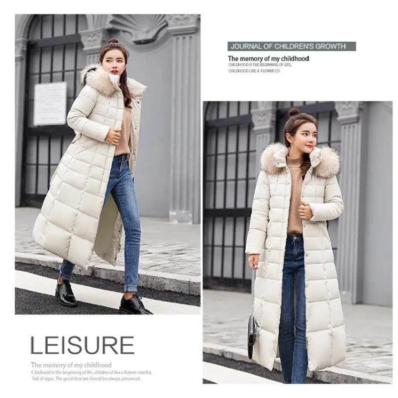 Women Winter Long Jacket Fur Collar Down Padded - Glooosy Store