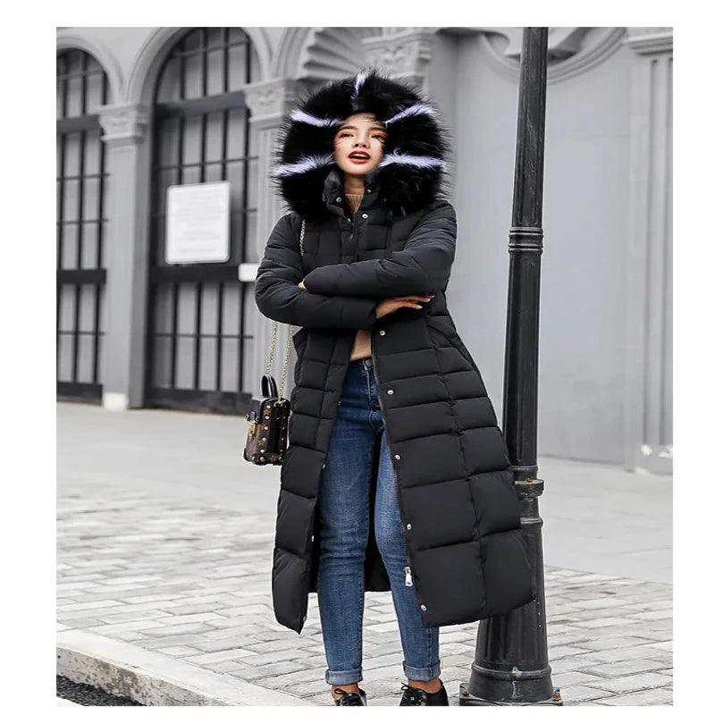 Women Winter Long Jacket Fur Collar Down Padded - Glooosy Store